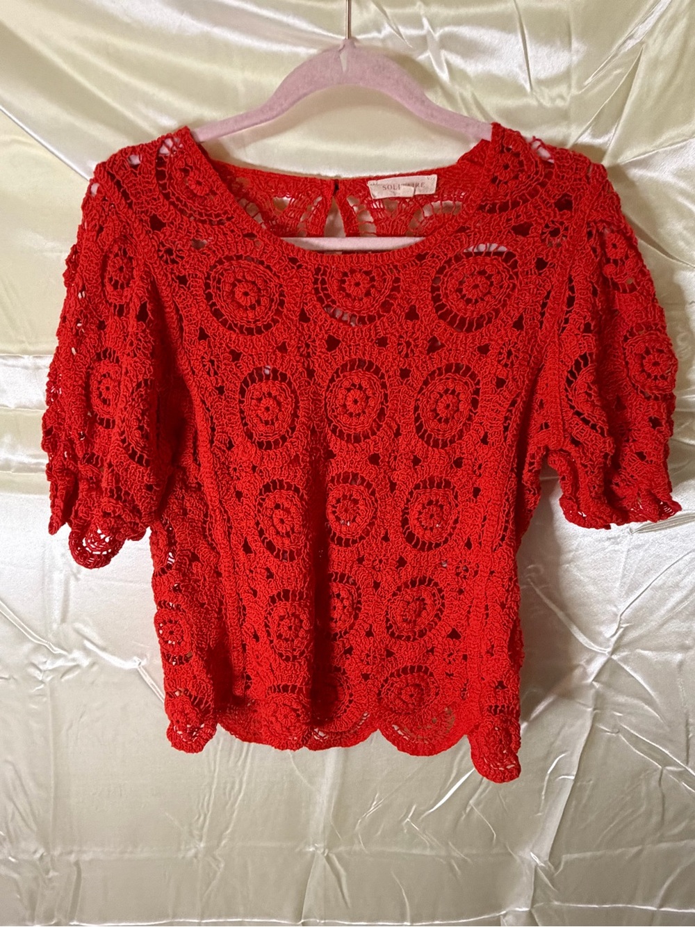 Solitaire Womens M Red Crochet Lace Top Medallion Scalloped Boho Cotton Blouse